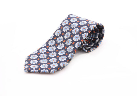 Neck Tie - Silky dark blue with floral prints